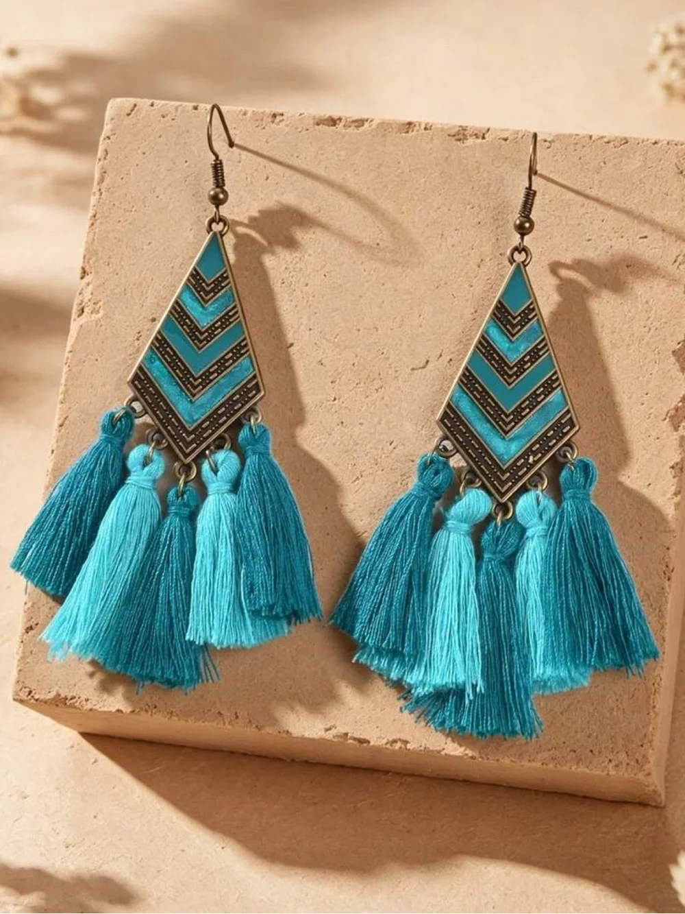 Boho Teal Chevron Tassel Drop Earrings
